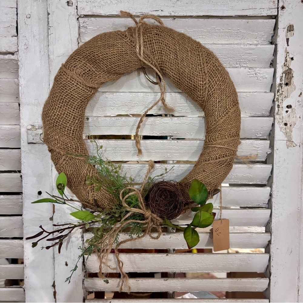 Rustic Burlap Spring Wreath with Bird nest and Leaves